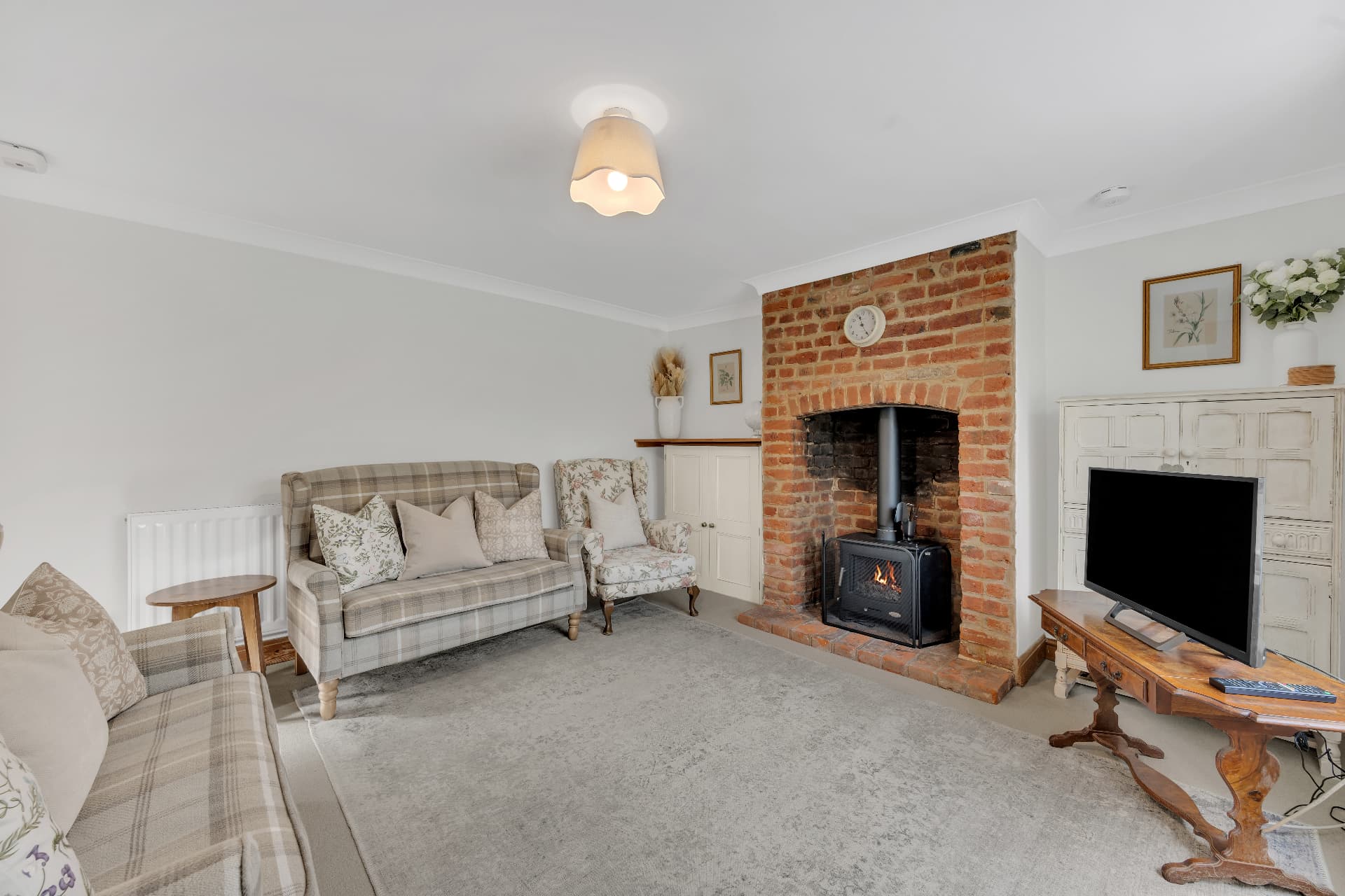 Marsh View, Blyford (living room with wood burner)